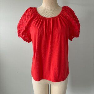 J. Crew Red-Orange Eyelet Puff Sleeve Tie-Back Blouse